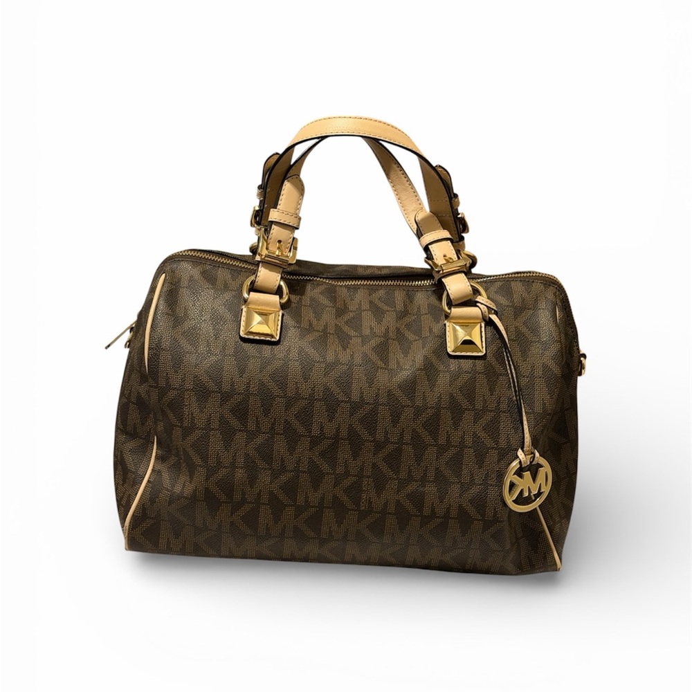 Michael Kors Brown/Beige Signature Coated Canvas and Leather Grayson Boston Bag